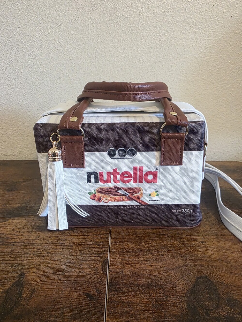 Nutella Inspired Novelty Handbag Purse Crossbody Brown White w/ Strap